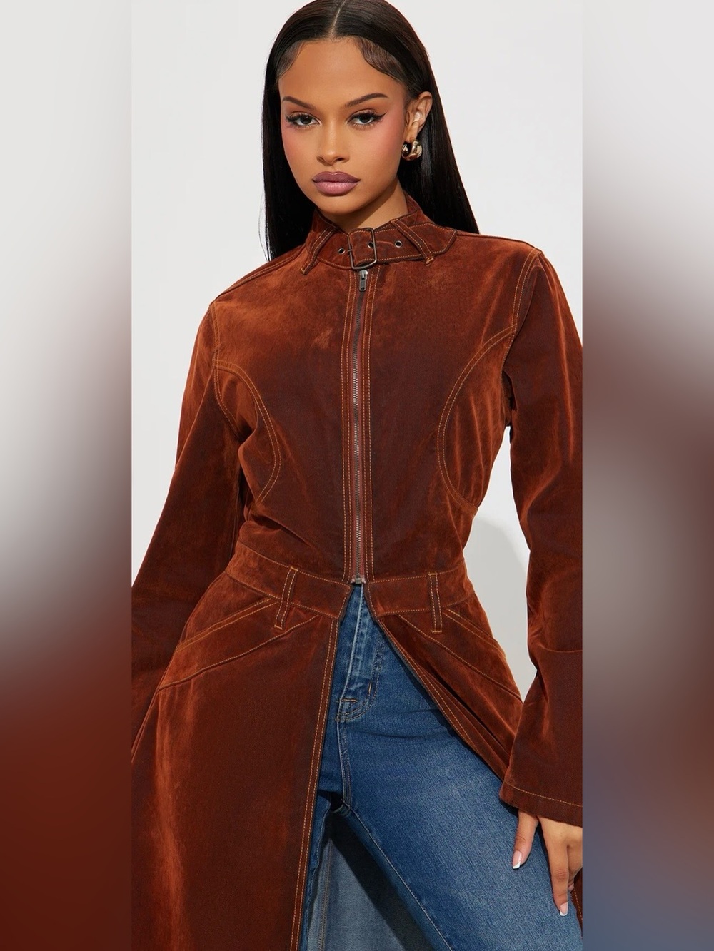 Fashion Nova Chocolate Brown Suede / Denim Long Trench Coat